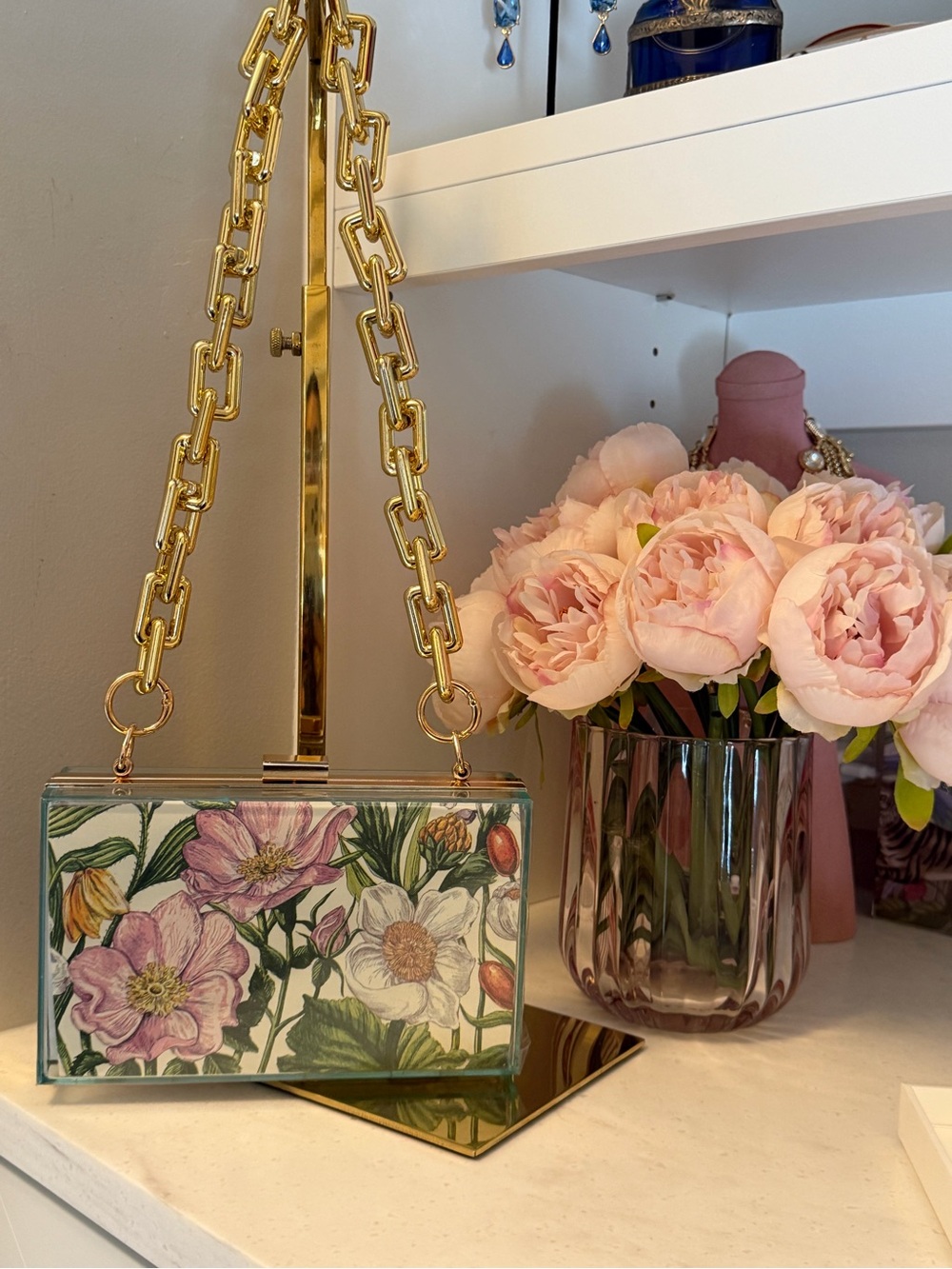 Floral lined Lucite Box Clutch w chunky Gold Chain - change or remove insert!
